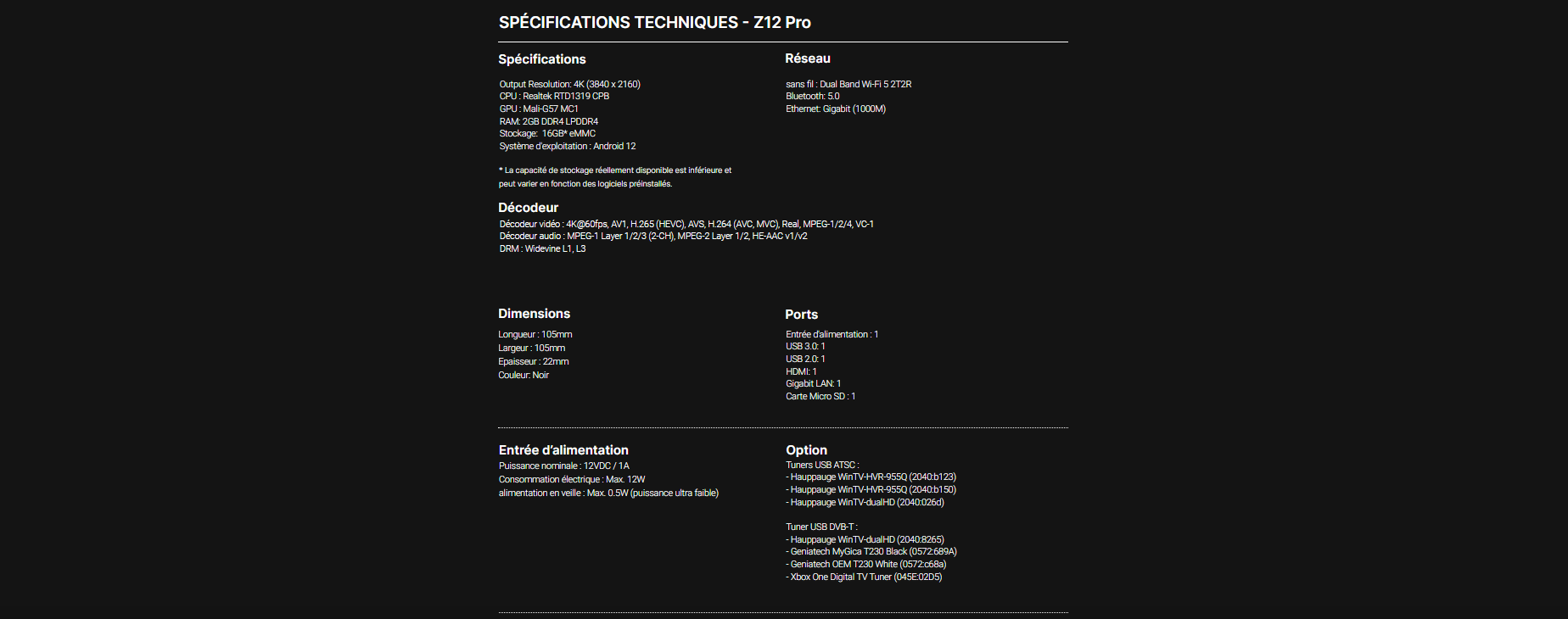 spec technioque formuler z12 pro